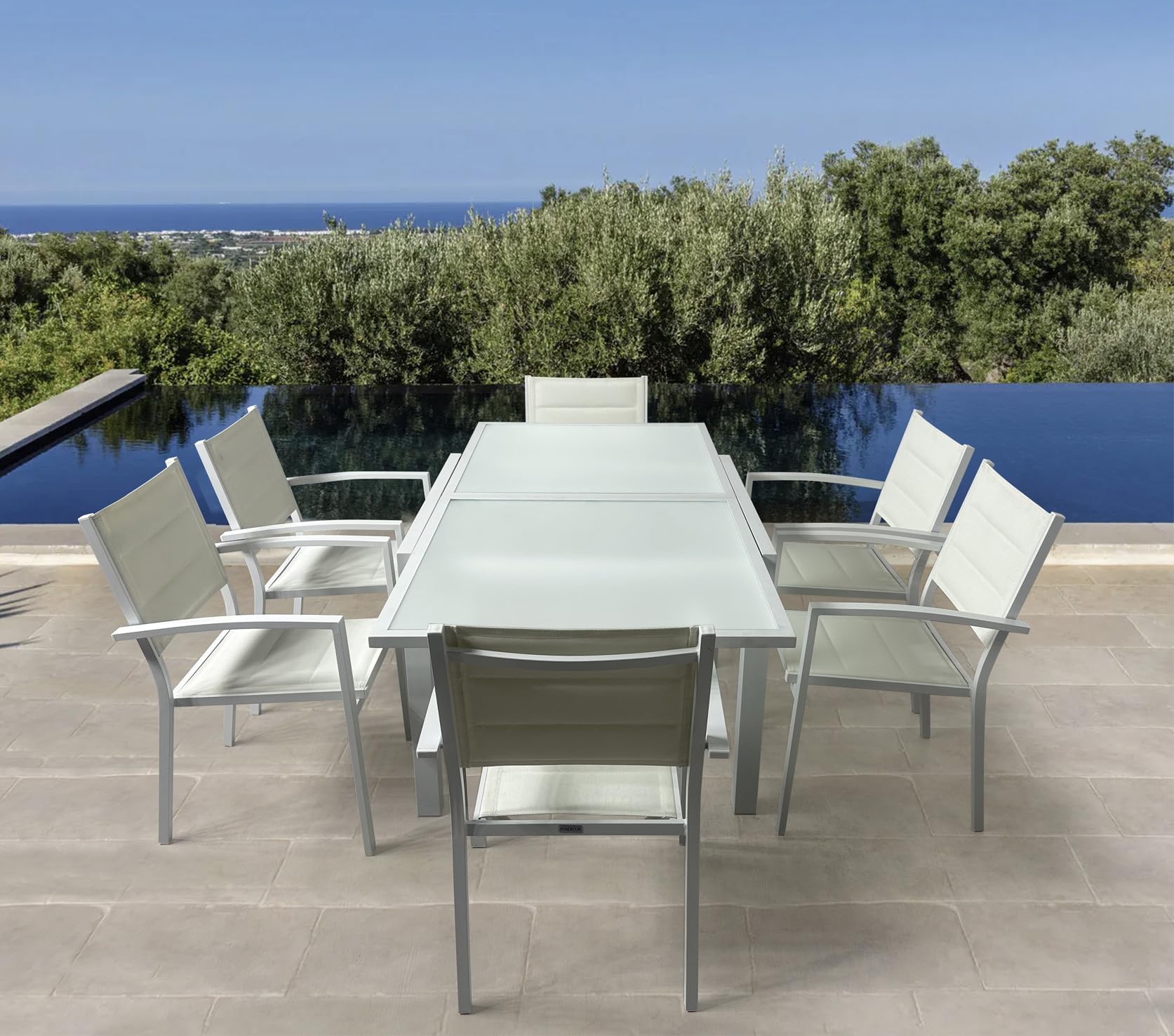 MOMMA HOME Set Mesa Extensible y 6 sillas terraza, Conjunto Muebles Jardín Exterior 7 Piezas, Estructura de Aluminio, Mesa y Sillas Terraza Impermeables, Resistentes a Exterior (Blanco)