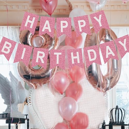 Miniatura 2 de Cartel de feliz cumpleaños de tela, cartel de cumpleaños rosa con purpurina premontada para decoraciones de fiesta de cumpleaños