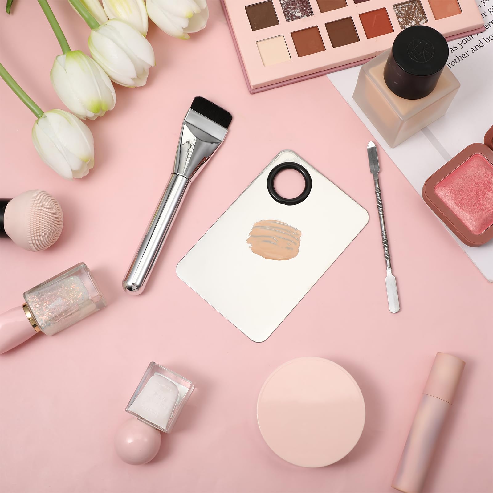 Juego de 3 paletas de mezcla de maquillaje, paleta de base de acero inoxidable, barra de maquillaje de base, herramientas de espátula de belleza reutilizables para cosméticos faciales