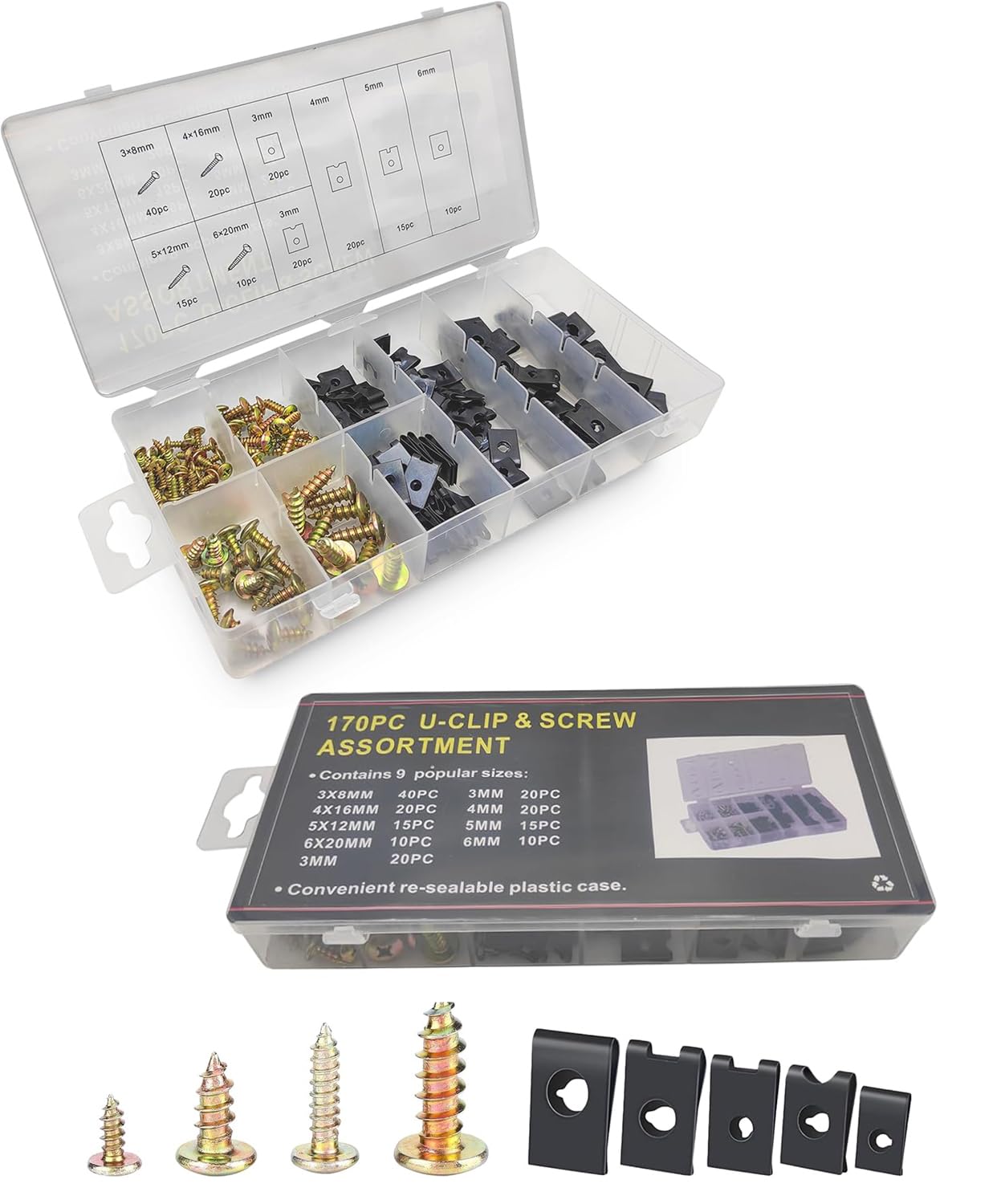 Zlirfy 170pcs U Nut Clips, 9 Different Sizes Automotive U Nut and Screw Clip,Metal Body Panel Clip Fasteners,Auto Car Clips Fasteners Screws Set