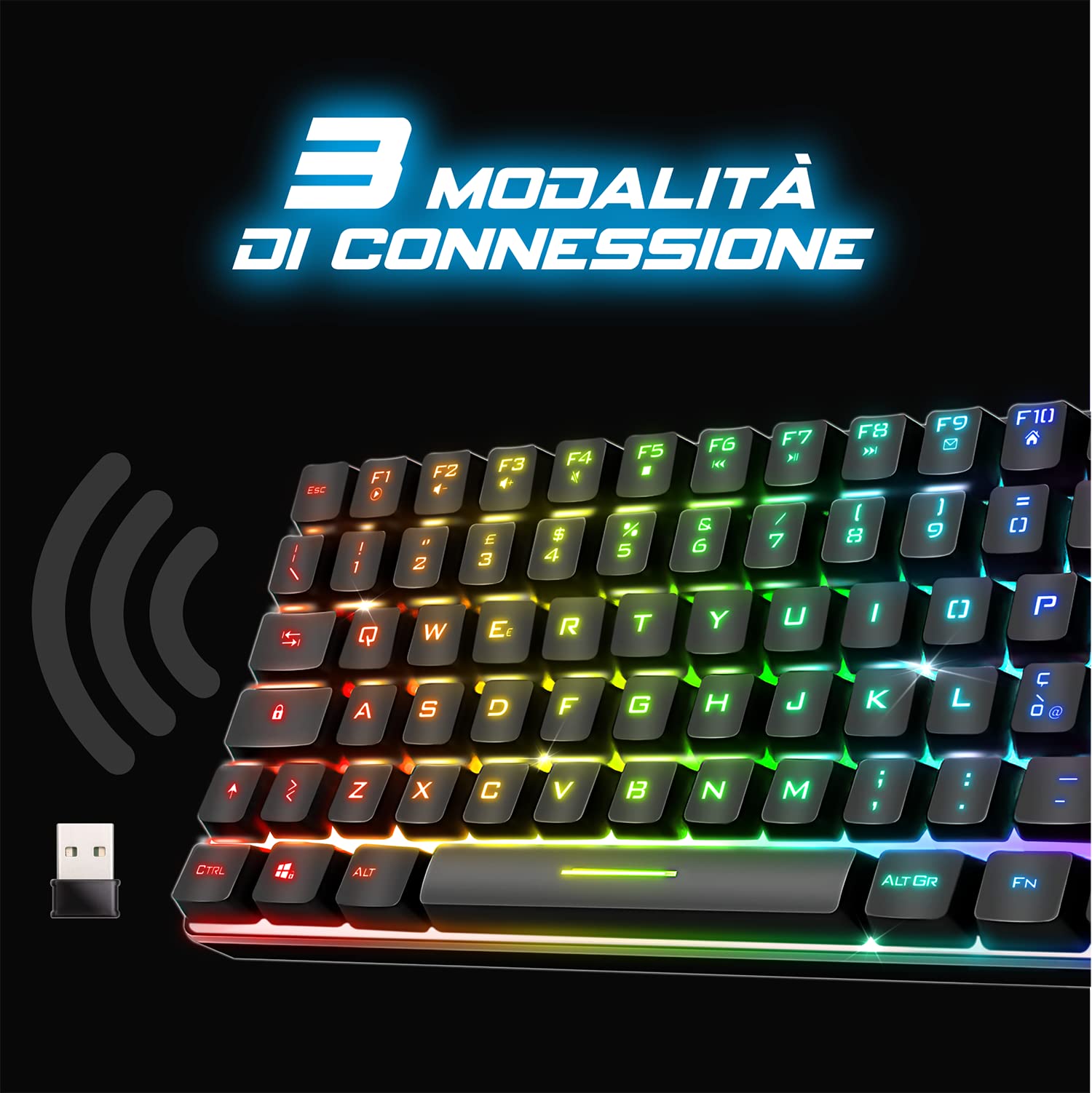Spirit Of Gamer | Tastiera Gaming Wireless Bluetooth RGB | Layout Italiano QWERTY | Mini Keyboard Compatta TKL 65% | Tasti Semi-Meccanica con 25 Anti-Ghosting | Compatibile con PC, Telefono e Tablet