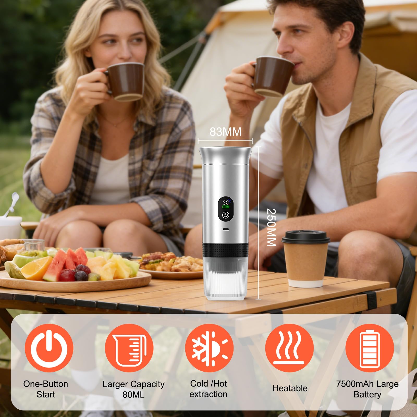 Mini cafetera de viaje 3 en 1 portátil con batería, máquina de café de viaje para coche, máquina de café espresso compatible con cápsulas y café molido para senderismo, oficina, autocaravana