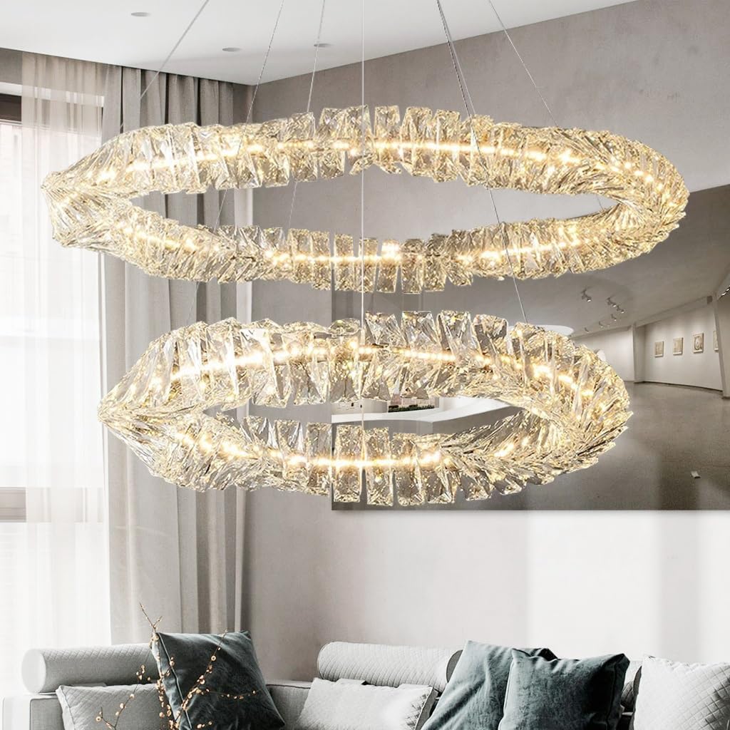Lustre LED cristal double cercle réglable pour la salle de séjour