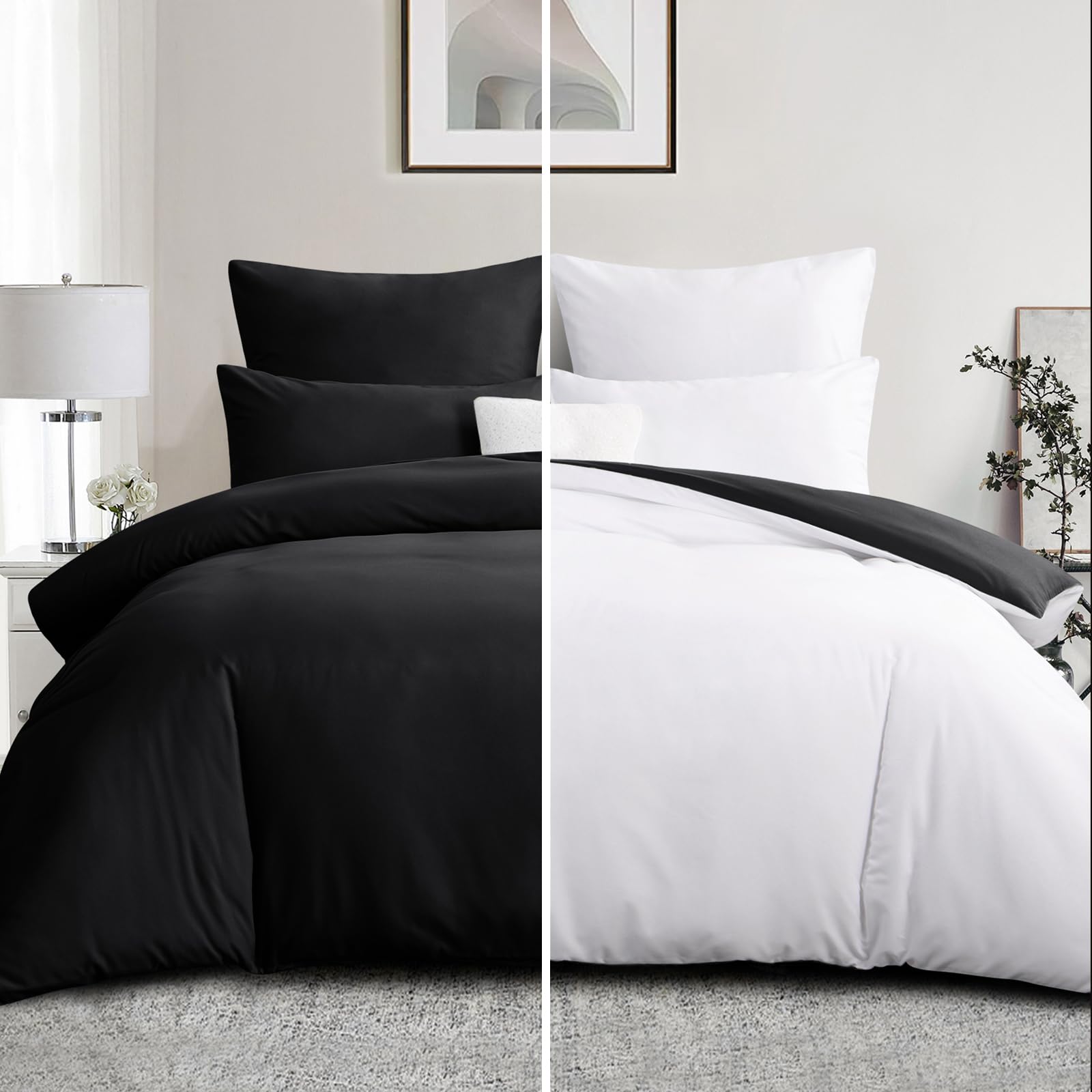 Aisbo Set Copripiumino Matrimoniale 250x200 - Completo Parure Copripiumino Matrimoniale Bicolore 200x250 e 2 Federe 50x80 in Microfibra 3 pezzi Double Face, Nero e Bianco