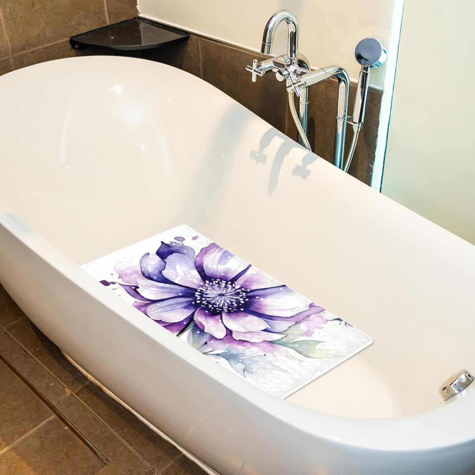 Tapis de bain de qualité supérieure - Antidérapant, facile à nettoyer et sans danger pour toute la famille - Imprimé floral violet