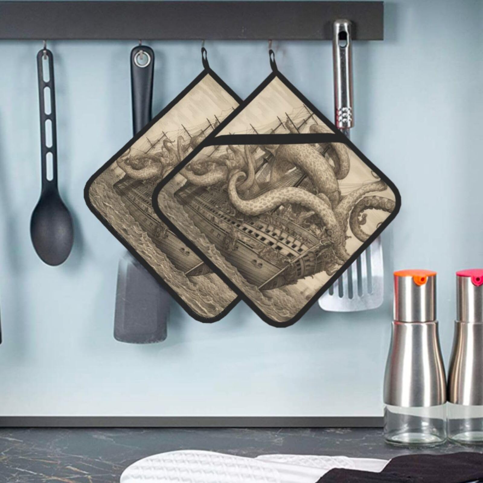 2 Pcs Pot Holders for Kitchen Heat Resistant Cotton Potholers Sailing Pirate Octopus Oven Hot Pads for Microwave Cooking Baking BBQ
