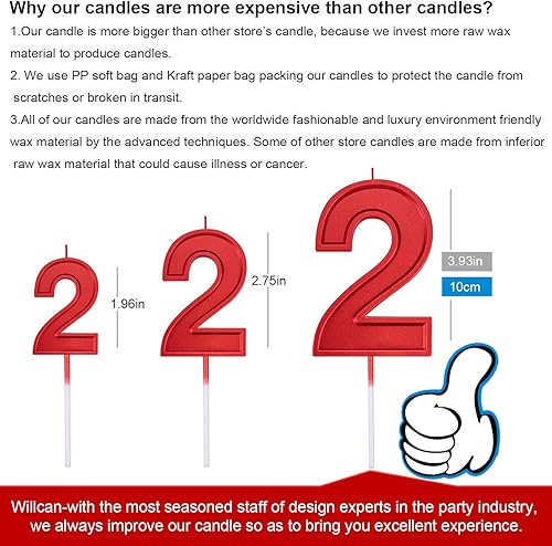 Miniatura 2 de Velas de 3.93 pulgadas de color rojo metálico con el número 2 de feliz cumpleaños, decoración y celebración de cupcakes de cumpleaños para