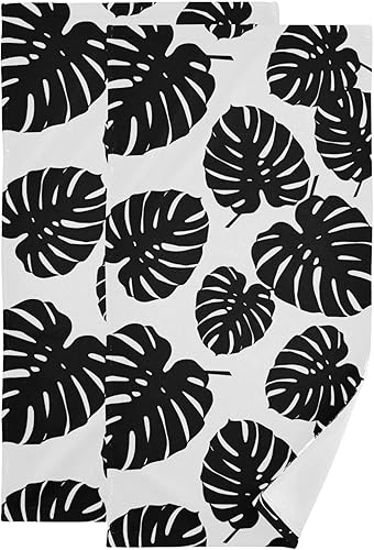 Paquete de 2 toallas de mano de hojas de palma blancas y negras para baño, toallas de baño absorbentes de microfibra con hojas tropicales, toallas