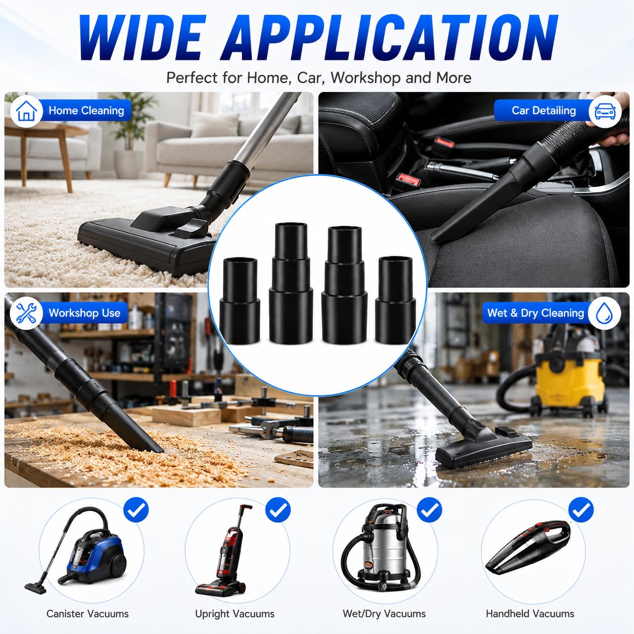 Adaptador de manguera de vacío de 1 3/8 a 1 1/4 pulgadas, adaptadores de aspiradora para accesorios de aspiradora, tubo de cepillo, limpiador de aspiradora húmedo y seco (4 piezas)