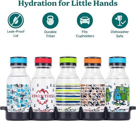 REDUCE WaterWeek Refillable Water Bottles, 14 oz - Includes 5 WaterWeek Leak Proof Tritan Reusable Water Bottles - Includes Fridge Tray - Navigate