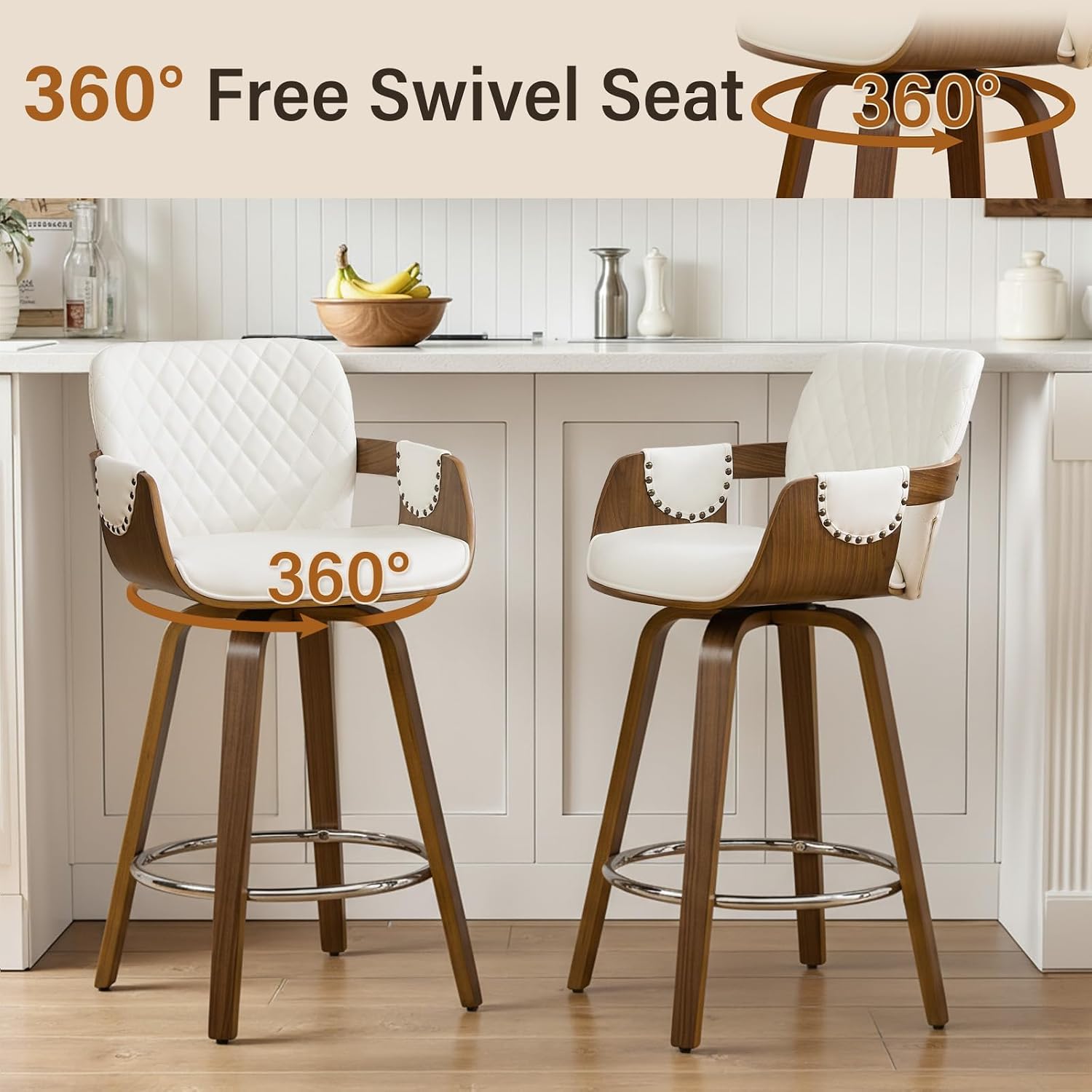 Swivel Bar Stools Set of 3, 26" Counter Height Bar Stools with Back and Arms, Mid-Century Modern Upholstered Barstools with Walnut Frame Faux Leather Counter Stools for Kitchen Island - Cream White