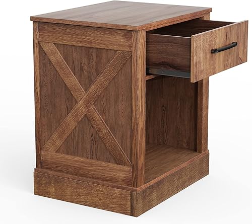 Miniatura 9 de Giantex Juego de 2 mesitas de noche de granja, mesa auxiliar rústica con cajones y compartimento abierto, mesa auxiliar de sofá de madera para