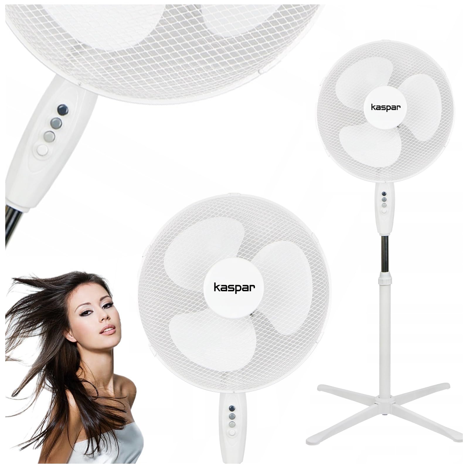 Kaspar Ventilator Standventilator mit 3 Windgeschwindigkeiten Oszillationsfunktion Schwenkfunktion 40 W 40 cm Durchmesser Höhenverstellbar Kreuzfuß Weiß