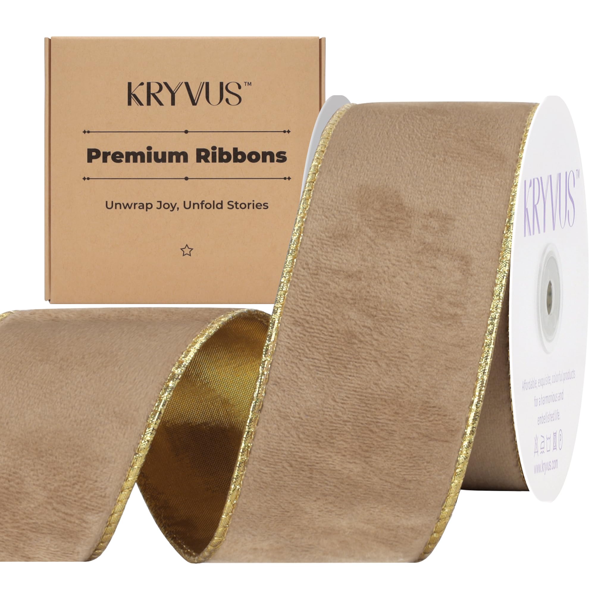 Champagne Velvet Wired Ribbon 2.5 inch x Continuous 10 Yards, Metallic Champagne Gold Velvet Christmas Ribbon Prefect for Gift Wrapping, Christmas Tree Decoration, Crafts