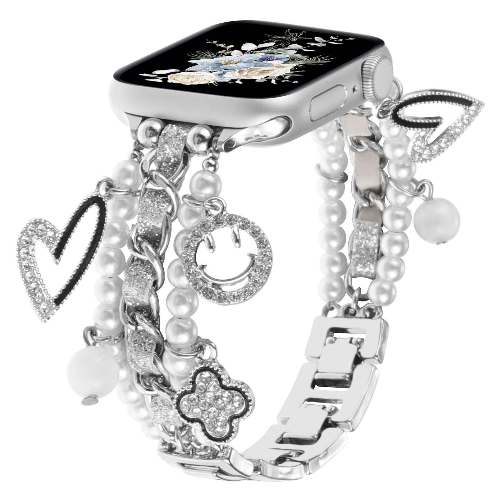 YONWORTH Pearl Beaded Bands Compatible with Apple Watch 38/40/41/42/44/45/46/49mm Women, Dressy Wristband Bling Stylish Strap Beads Chain with Pretty