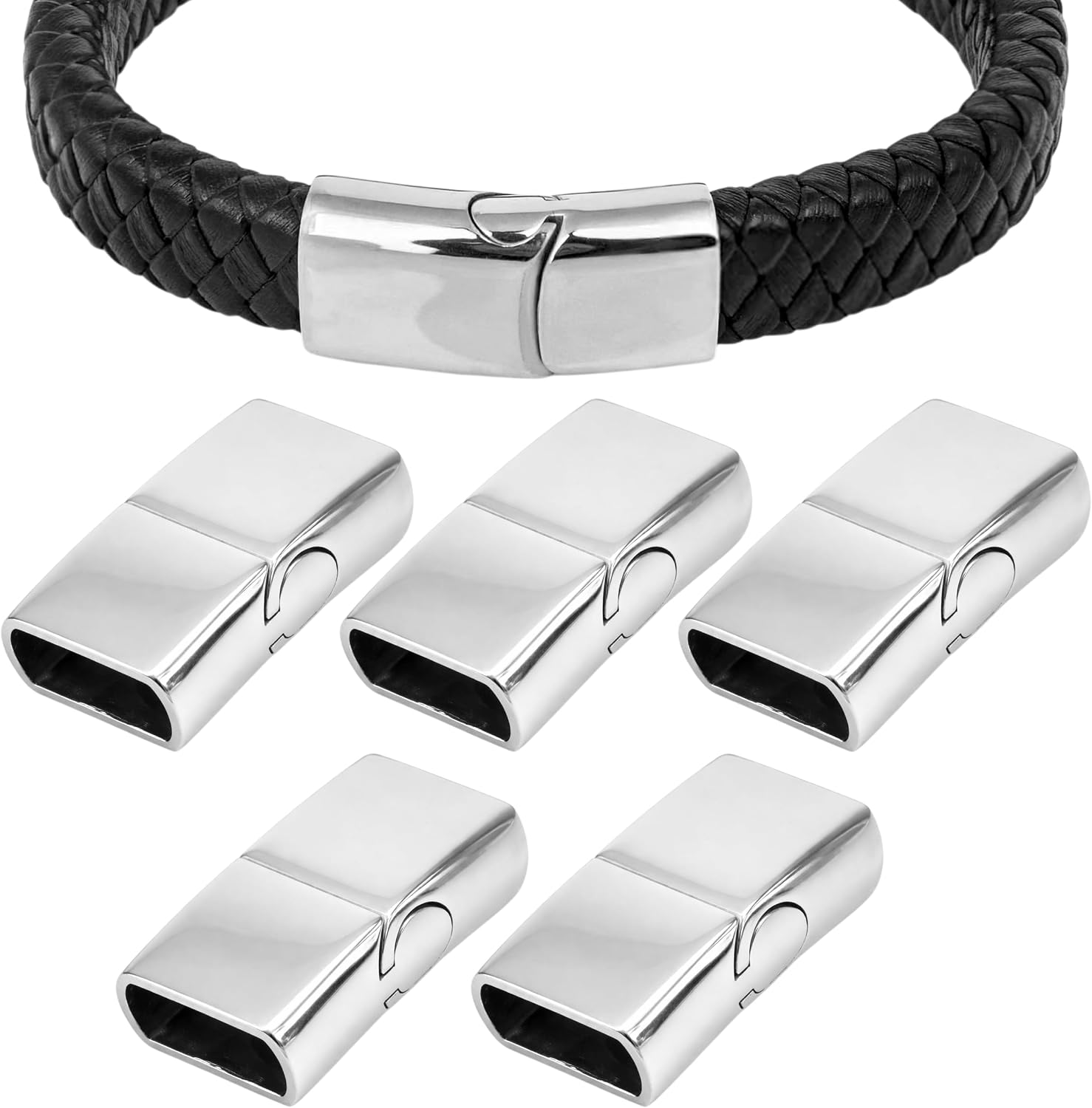 5 Pieces Flat Leather Bracelet Buckle Clasp Safety 11x6mm Stainless Steel Closures DIY Locking for Jewelry Craft Cord Making Supplies Paracord Necklace Accessories (Hole Size 11x6mm)