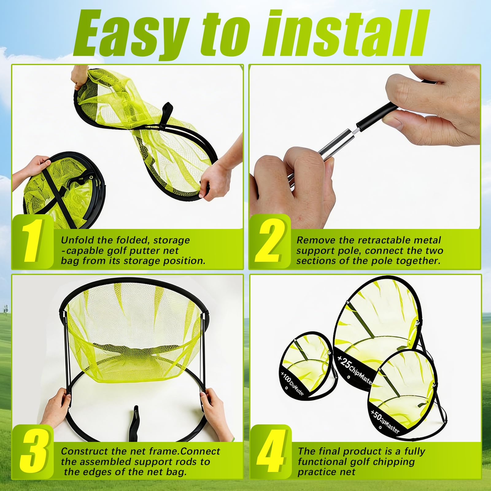 Filet de Golf, Kit 3 Pièces Filet D'entraînement de Golf avec Tapis de Gazon Synthétique de 30 x 30 cm Putter Télescopique 6 balles et Sac de Rangement pour L'entraînement en Intérieur et en Extérieur