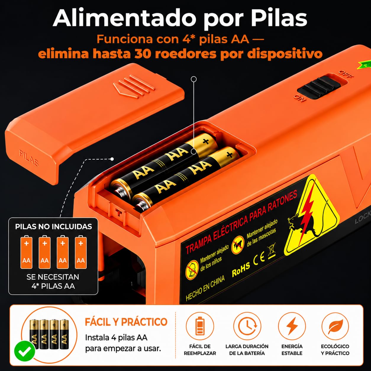 Trampas Eléctrica para Ratones a Pilas, Voltaje Potente de 2000V para Matar Ratas al Instante, Adecuada para Cocina, Almacén, Ático, Eficaz para Ratones Pequeños (Naranja)