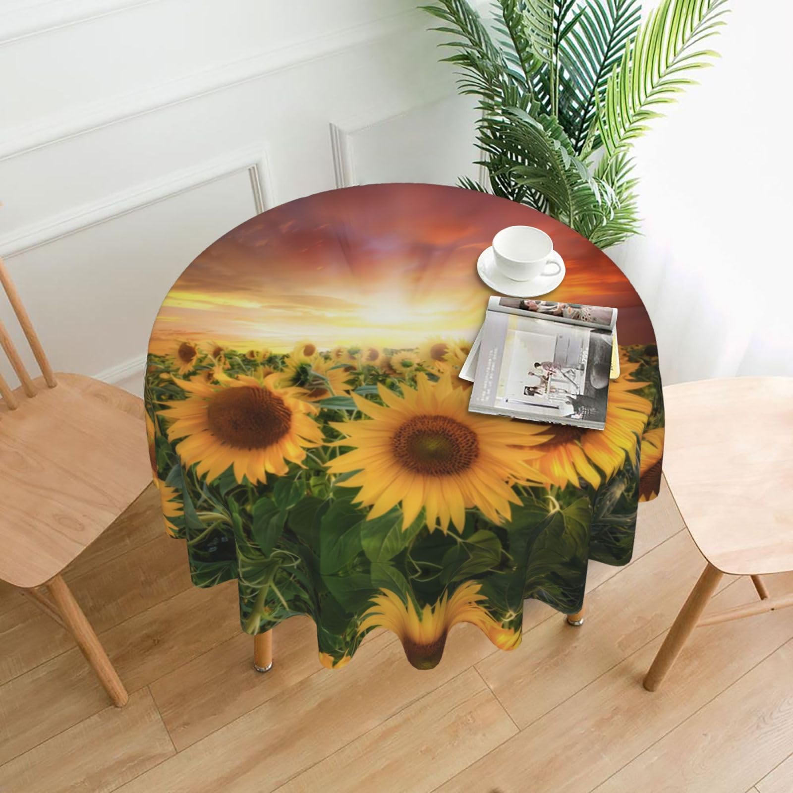 HLSBSSL Sunflowers Sunset Sunlight Landscape Printed round decorative tablecloth, 60 inches, suitable for various tables in the living room, dining room, coffee table, etc.