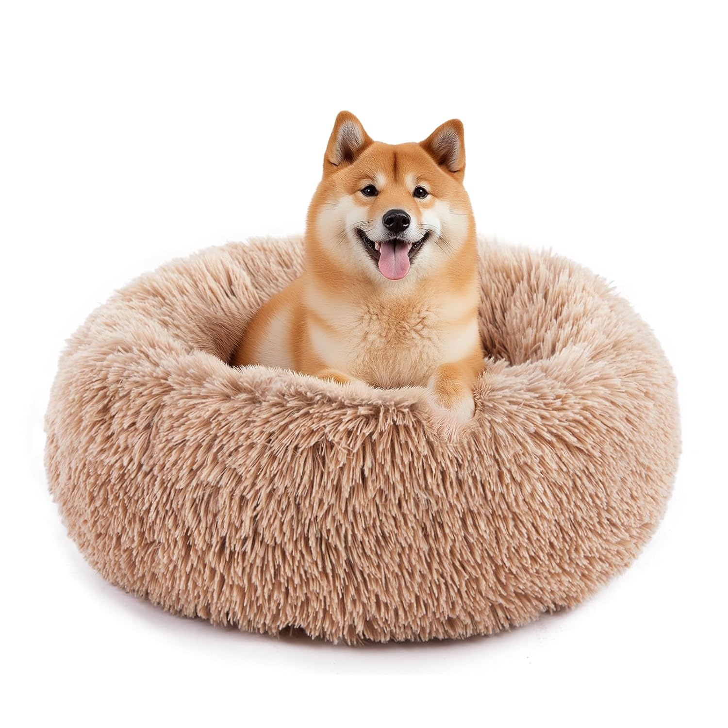 Sweetcrispy Calming Donut Dog Cat Bed Machine Washable Cuddle Warming Cozy Fluffy Faux Fur Plush Round Anti-Anxiety Waterproof