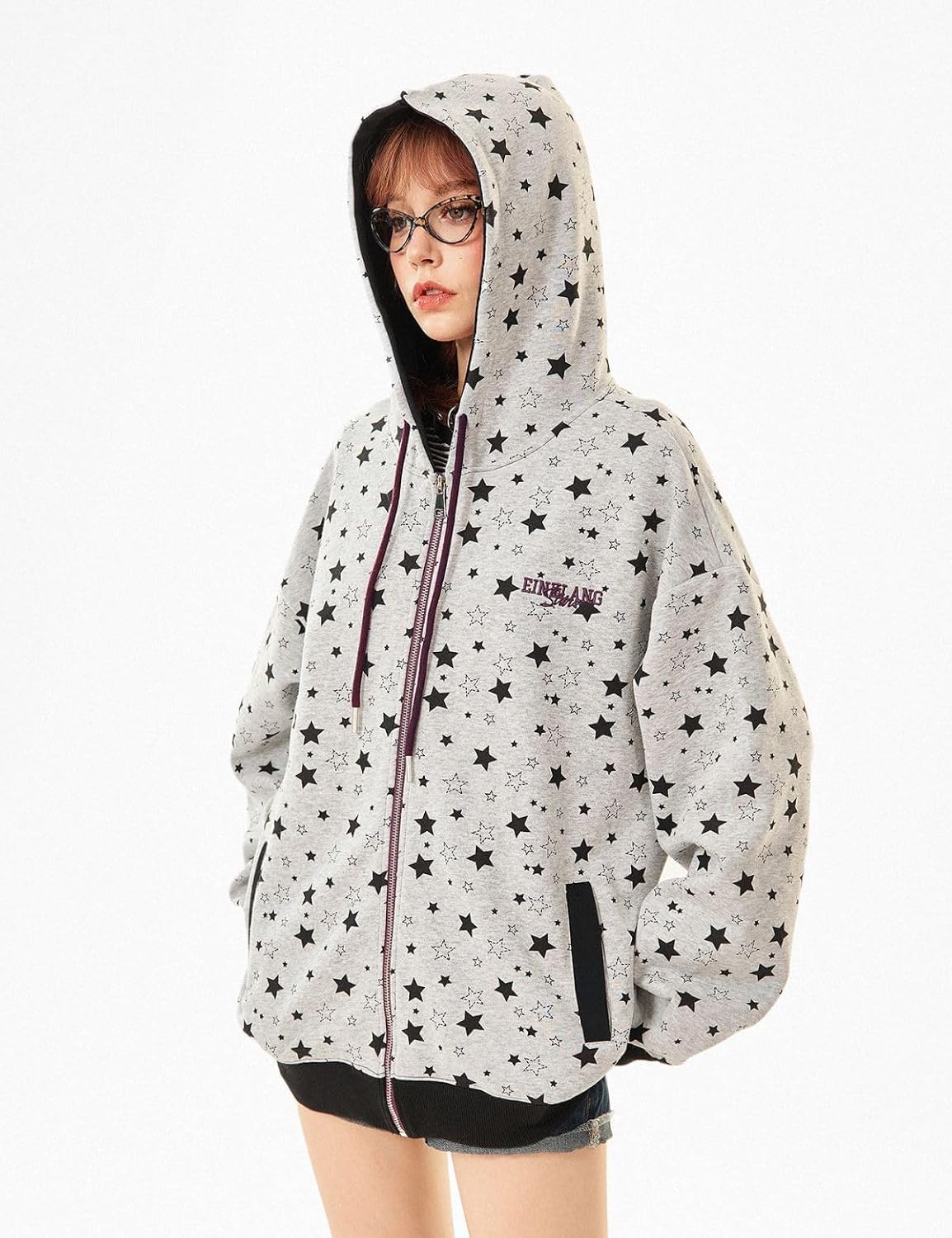 Women's Zip Up Hoodie Unisex Oversized Streetwear Star Print Sweatshirt with Drawstring Hood & Pockets