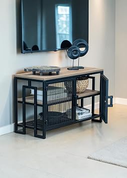 DEKORATİF METAL GÖVDELİ AHŞAP RAFLI TV ÜNİTESİ 3 RAFLI 2 KAPAKLI TV SEHPASI 90 x 30 CM TELEVİZYON ÜNİTESİ