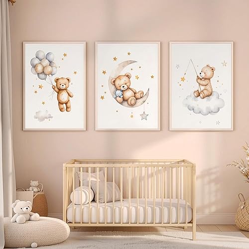 Miniatura 4 de 3 piezas de oso de peluche para cuarto de bebé, arte de pared con oso durmiendo en la luna y estrellas, decoración de pared con globos, nubes,
