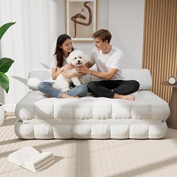 59.1" 3-in-1 Convertible Sofa Bed with Pillows - White, Full | Folding Loveseat Sleeper Chair, Portable Fold Out Boneless Couch Lounge, Comfy Velvet Floor Mattress for Living Room Bedroom