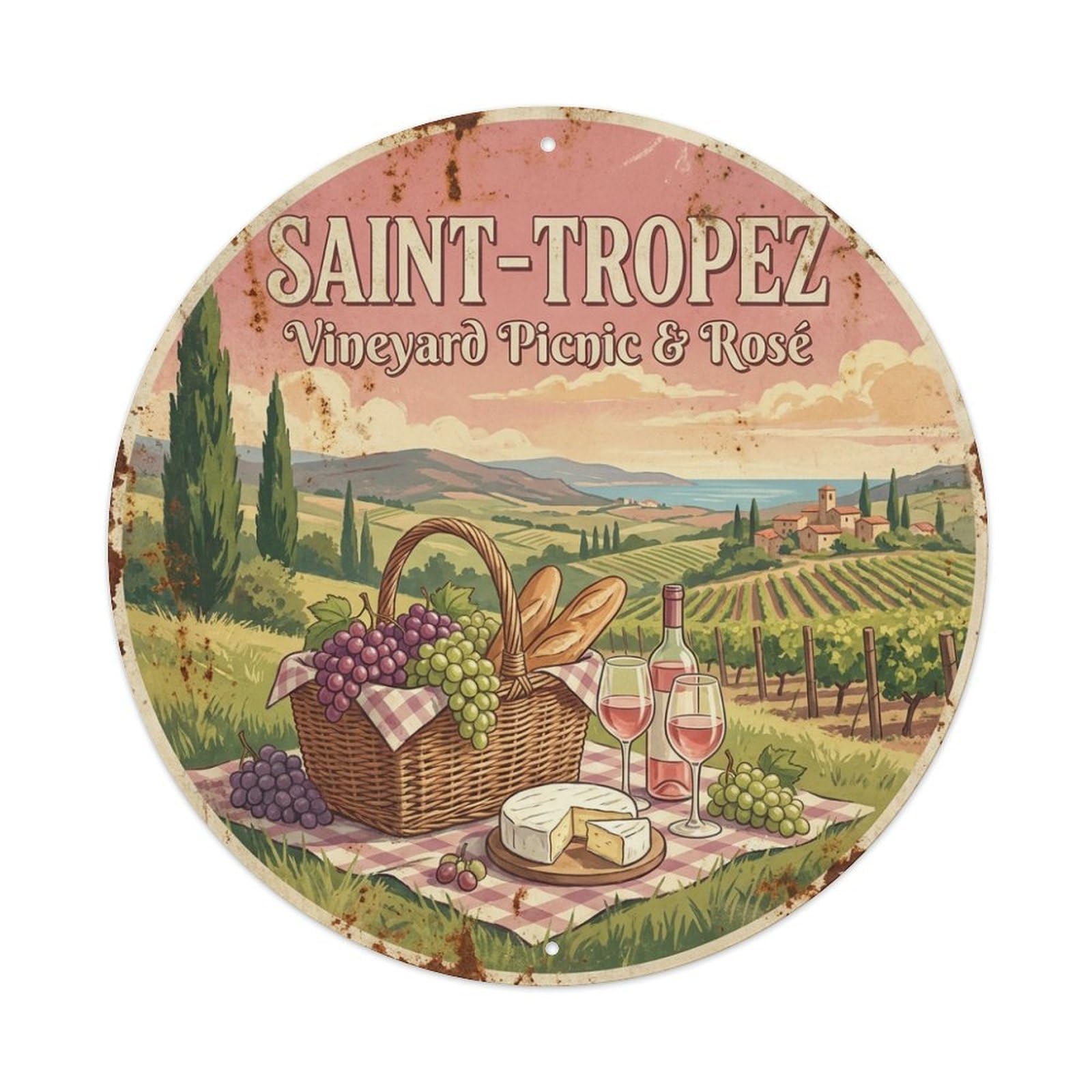 France Saint Tropez Vineyard Picnic Roses Travel Metal Tin Sign