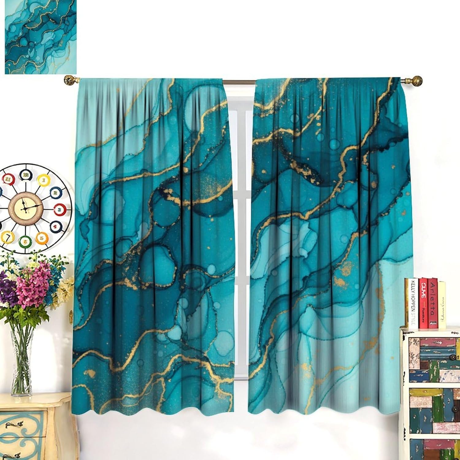 Blue Gold Marble Curtains Abstract Texture Modern Luxury Crack Art Pattern Blackout Window Drapes for Bedroom Living Room Home,2 Panels Set,42x45 Inch