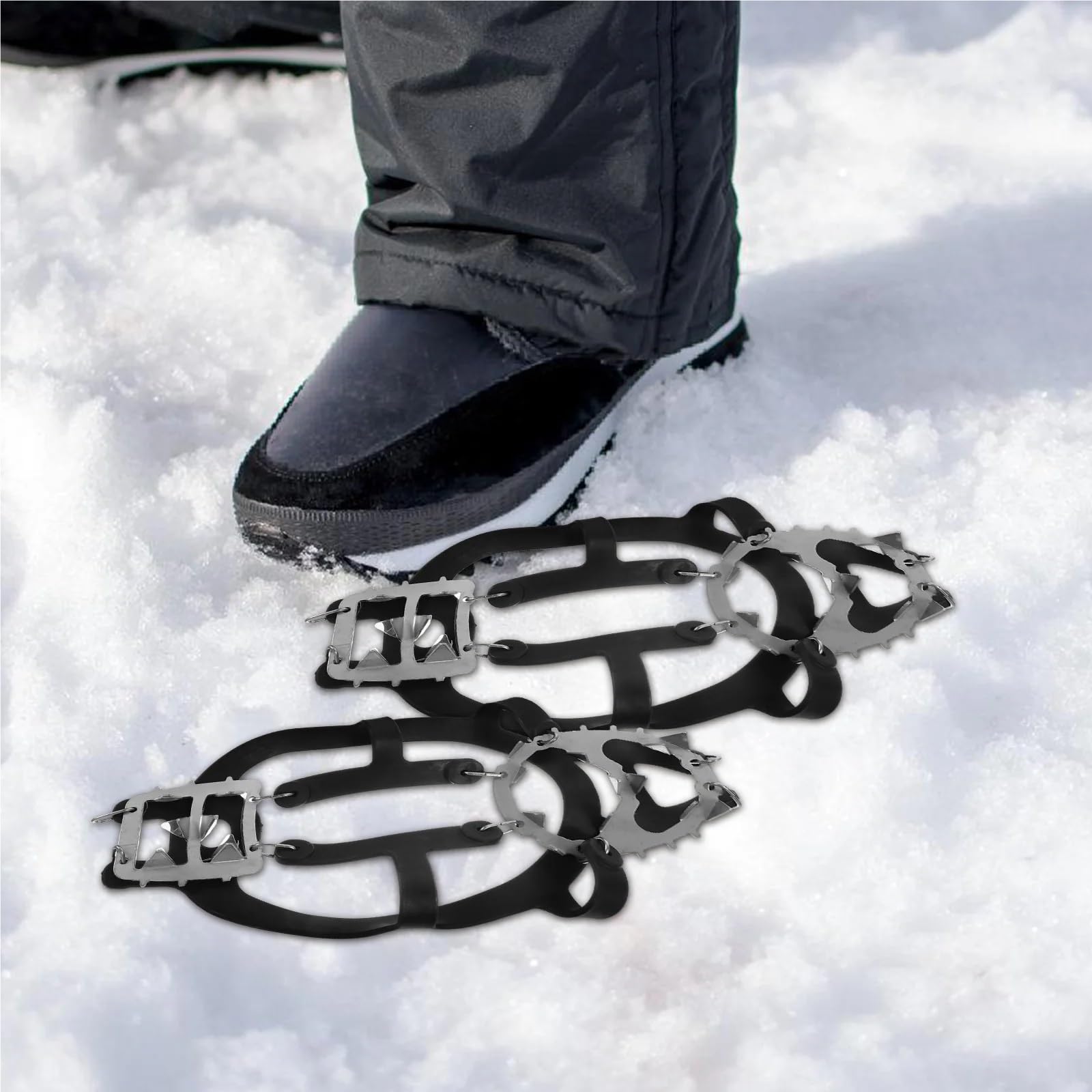 Grödel Stainless Steel Crampons 18 Teeth Design Anti Skid Lightweight Portable Ice Cleats for Outdoor Winter Shoes TPR Strap für Winterwanderungen