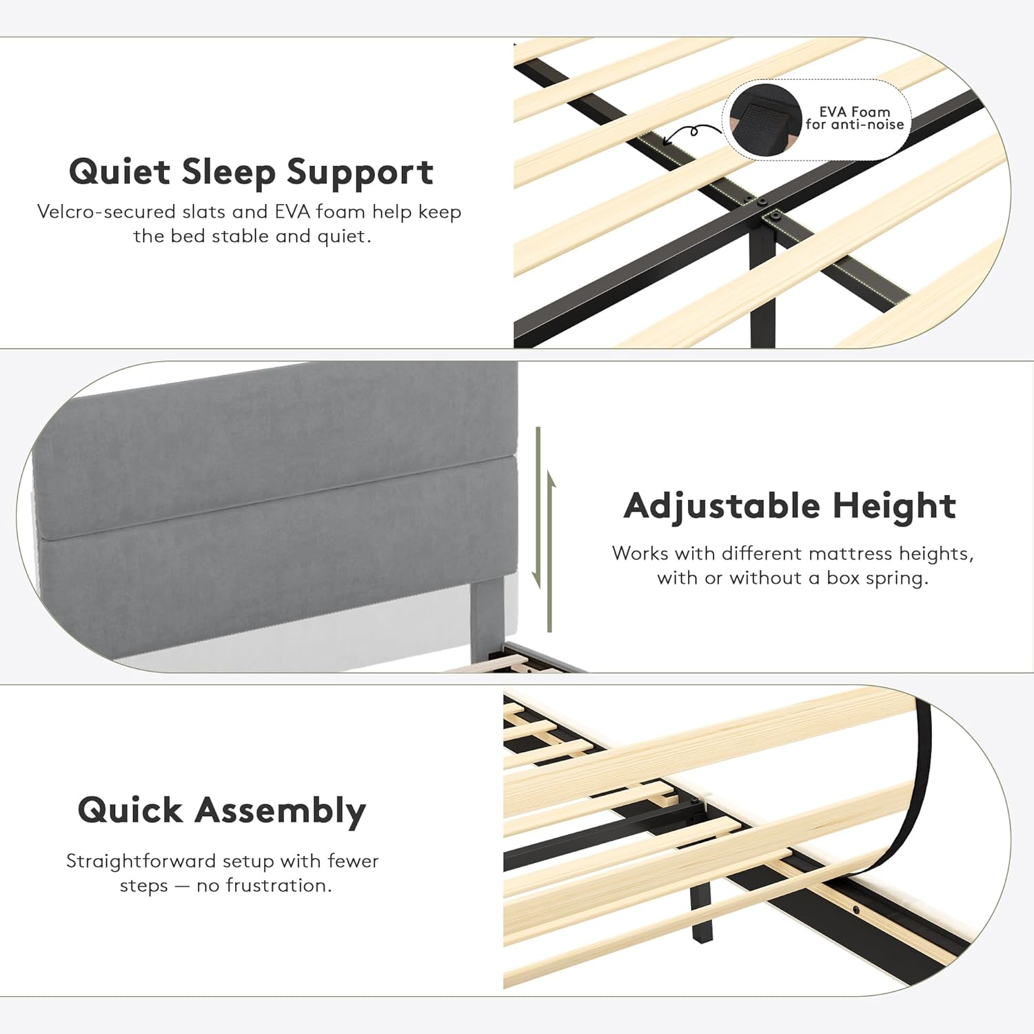 Queen Size Platform Bed Frame with Velvet Headboard, Adjustable Height Wooden Slats Support, Upholstered Mattress Foundation, Fits Mattress or Mattress with Box Spring, Easy Assembly, Grey