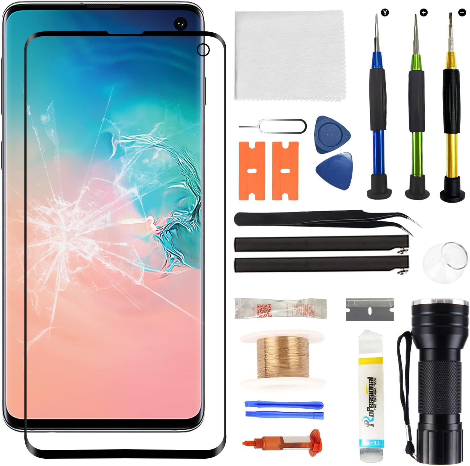 Front Glass Screen Replacement for Galaxy S10 - Compatible with Samsung Galaxy S10 G973 Series 6.1 inch & Complete Repair Tools Kit（NO OLED Screen & Digitizer Touch）