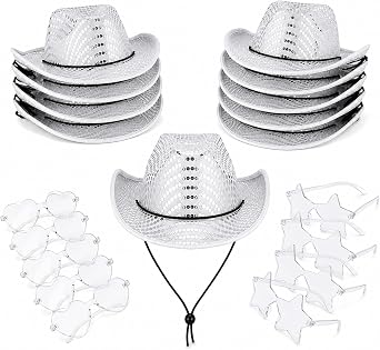 Lnrueg 20 PCS Light Up Cowboy and Cowgirl Hats with Heart and Star Glasses