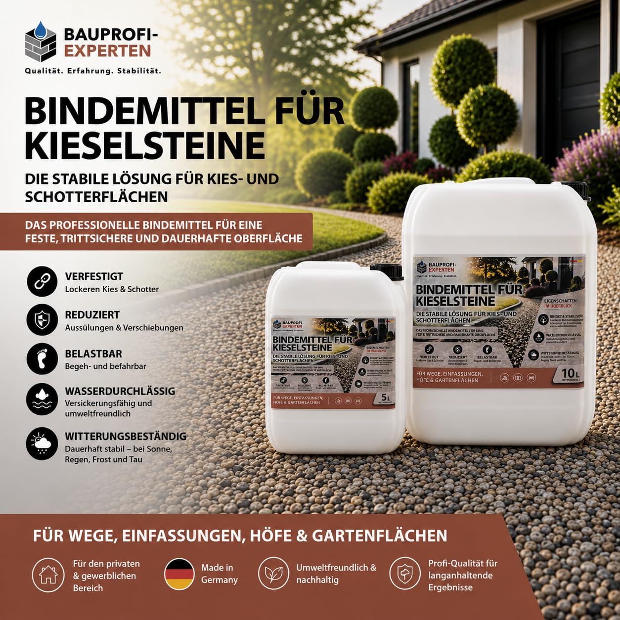 15L Kiesbinder Kieskleber Mulchkleber Bindemittel für Kies, Schotter, Split, Deko‑Steine, UV‑beständig, regen‑ & frostfest, für gepflegte Gartenwege, Steinwege, Einfahrt