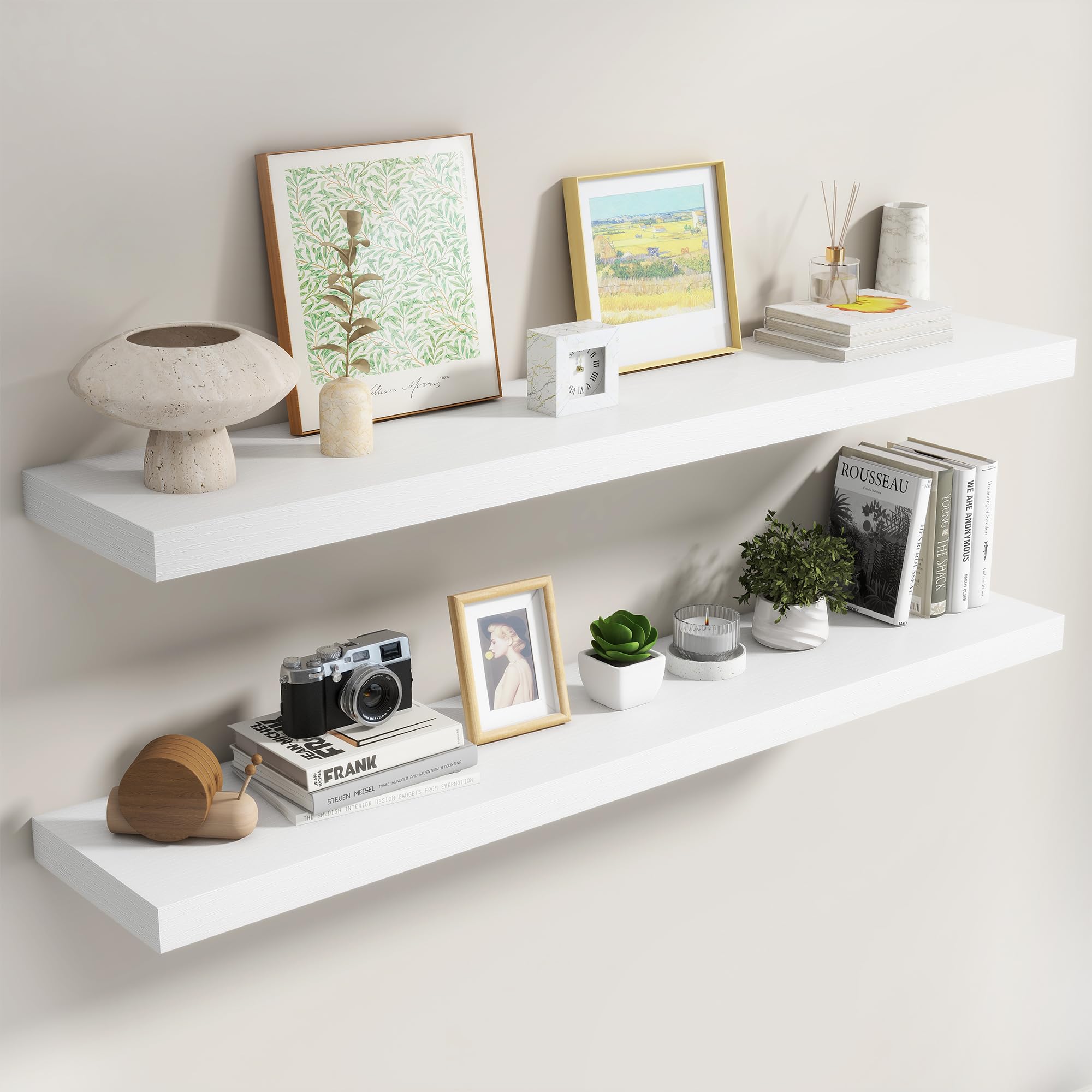 Dreamland 55 Inch White Floating Shelves for Wall,8 Inch Deep Floating Shelves,55" W x 8" D Wall Shelves for Bedroom,Living Room, Kitchen,Bathroom,Set of 2