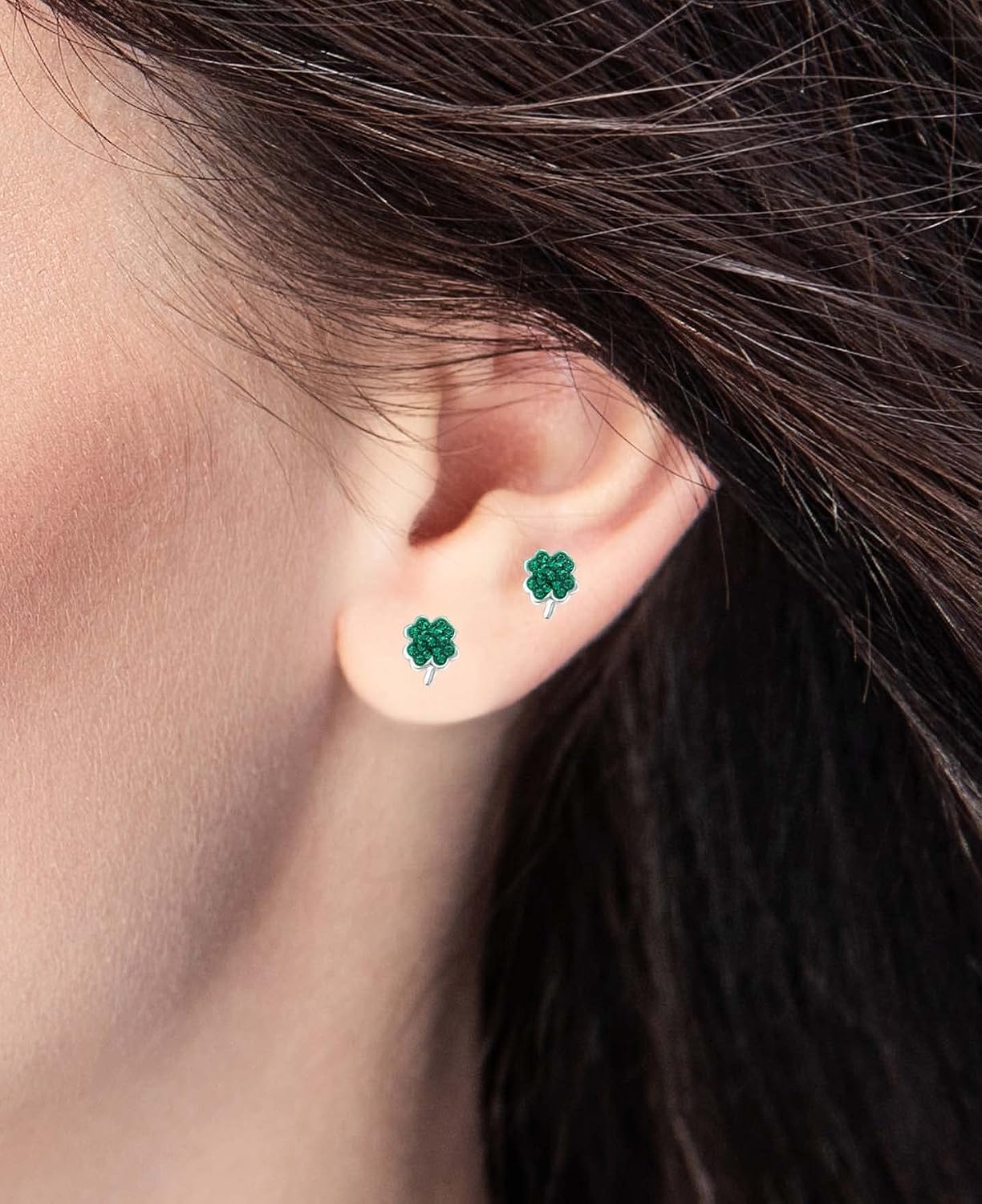 925 Sterling Silver Four Leaf Clover Stud Earrings Green Crystal St St Patrick's Day Very Tiny Ear Stackable Jewelry