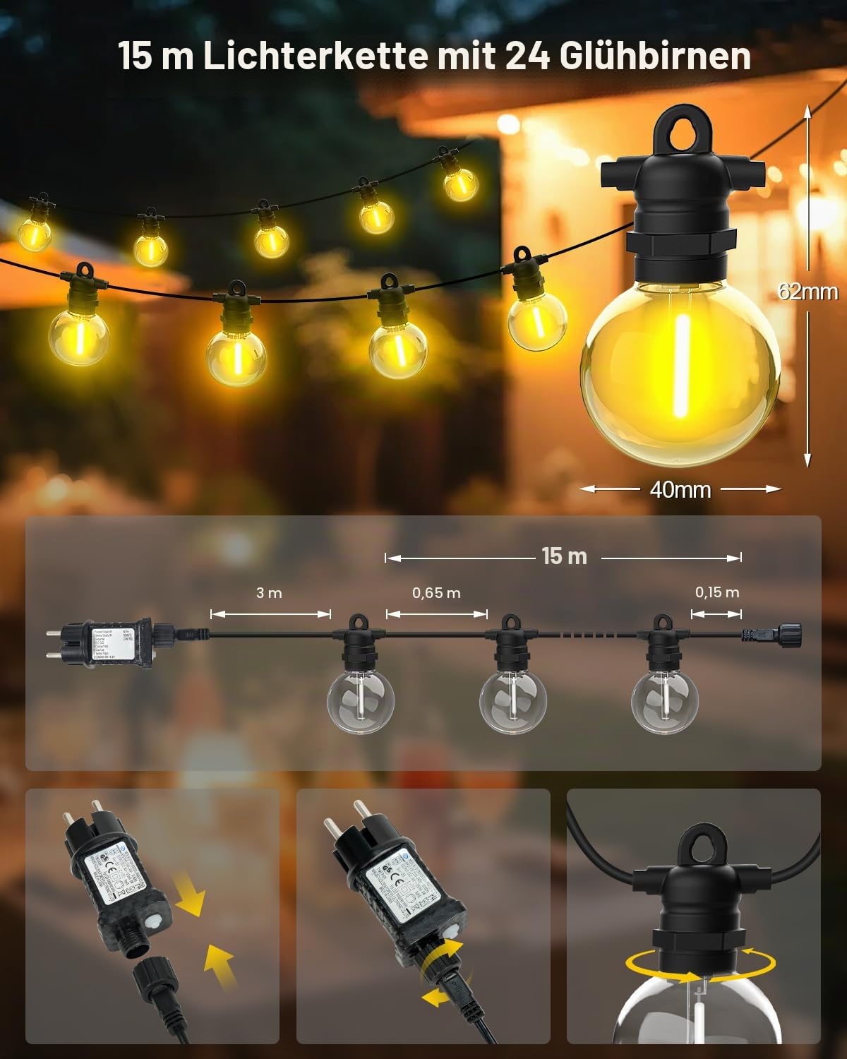 LED Lichterkette Außen Strom, Warmweiß & Farbwechsel, 15M 24 Glühbirnen, 8 Modi Lichterkette Outdoor mit Fernbedienung, IP68 G40 Lichterketten für Innen Garten Balkon Pavillon Terrasse Deko