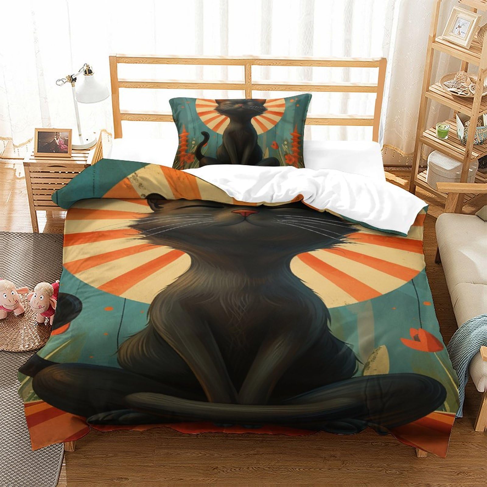 Housse de couette chat 3D zippée facile à laver pour lit d'ado microfibre