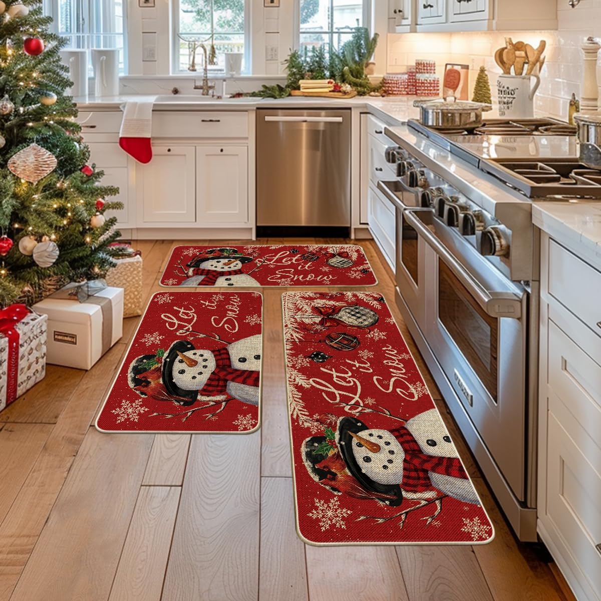 Artoid Mode Snowman Let It Snow Snowflake Christmas Kitchen Mats Set of 3, Winter Home Decor Low-Profile Kitchen Rugs for Floor - 17"x29"+17"x36"+17"x47"