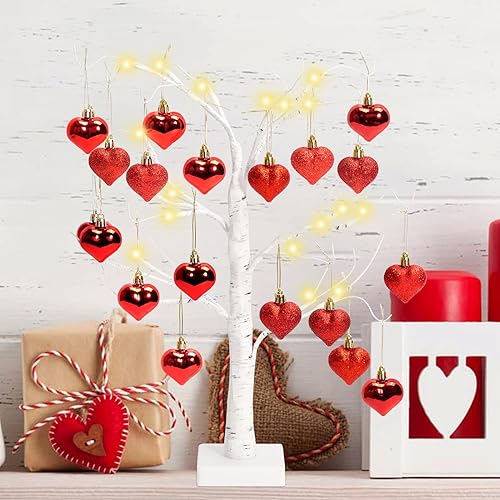 Miniatura 5 de Árbol de abedul con luz LED de San Valentín de 24 pulgadas con 18 adornos, luz LED blanca cálida, árbol artificial de mesa, 8 modos de iluminación,