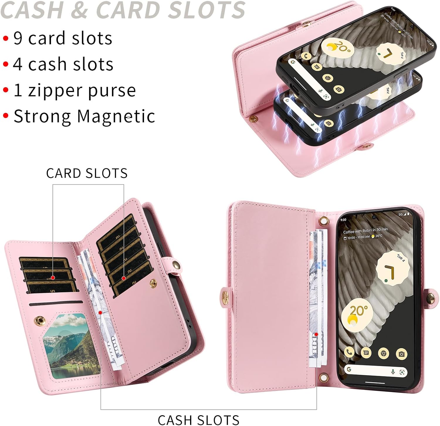 Asuwish Phone Case for Google Pixel 7 Pro 5G Zipper Wallet Detachable Cell Cover with Screen Protector Crossbody Strap Bling Flip Credit Card Holder Pixel7Pro Pixel7 XL Seven 7Pro 6.7 Women Girls Pink