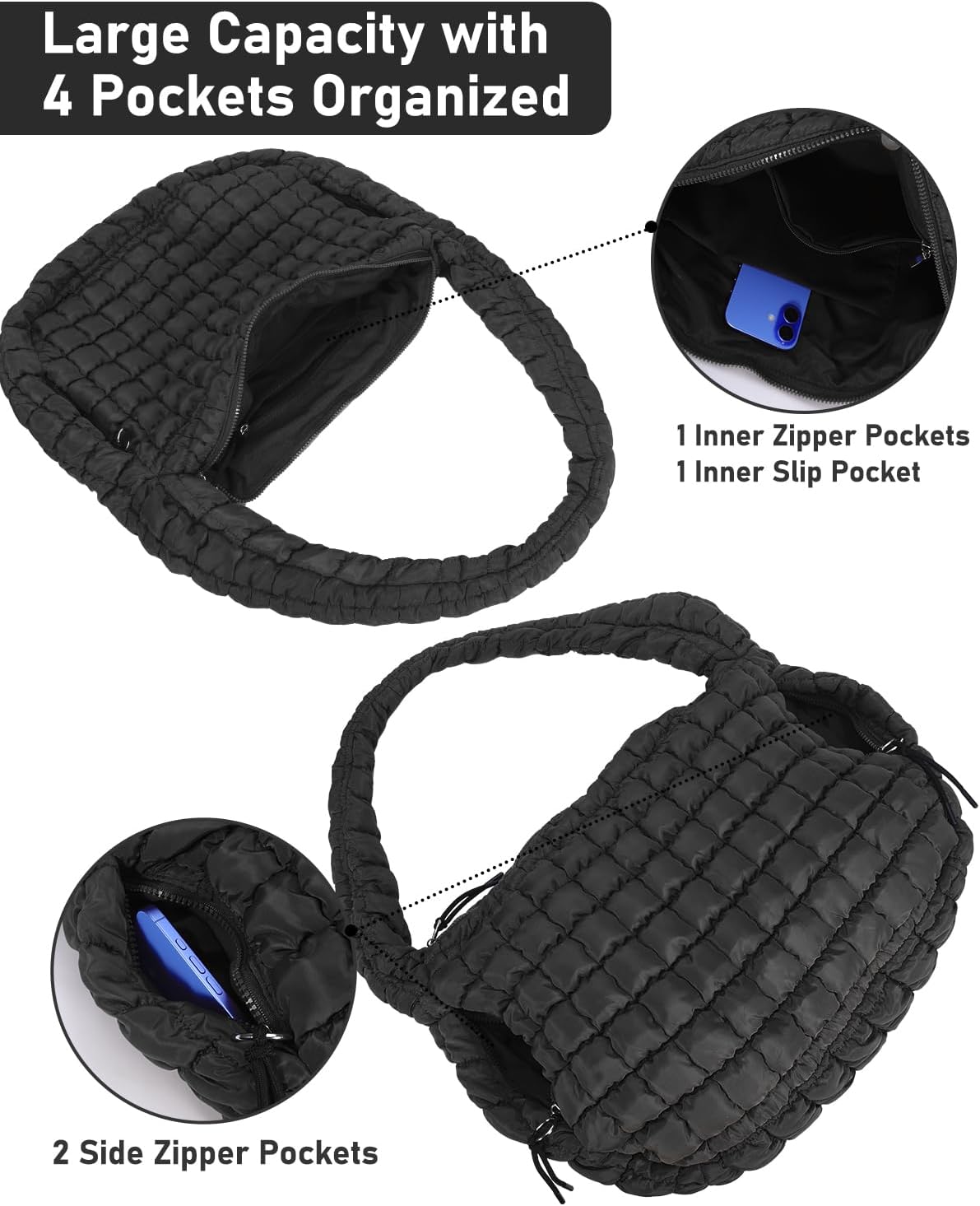 Large Quilted Puffer Tote Bag for Women with Mini Pouch Puffy Crossbody Bags Purse Hobo Puff Shoulder Carryall Gym Travel