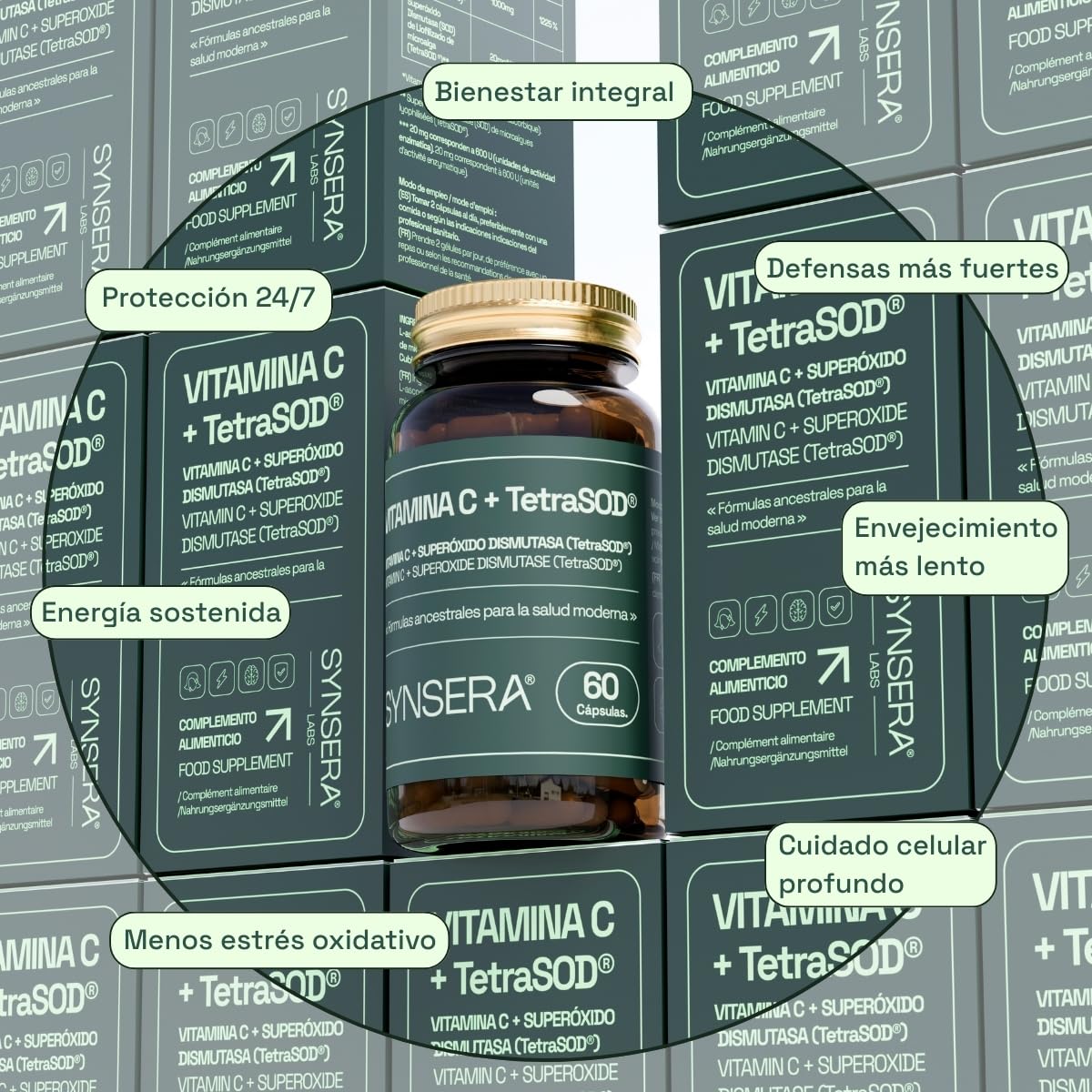 SYNSERA - Vitamina C cápsulas de liberación sostenida con TetraSOD® - antioxidante celular avanzado - refuerzo inmune, colágeno y energía sostenida - Sin Gluten - 60 cápsulas