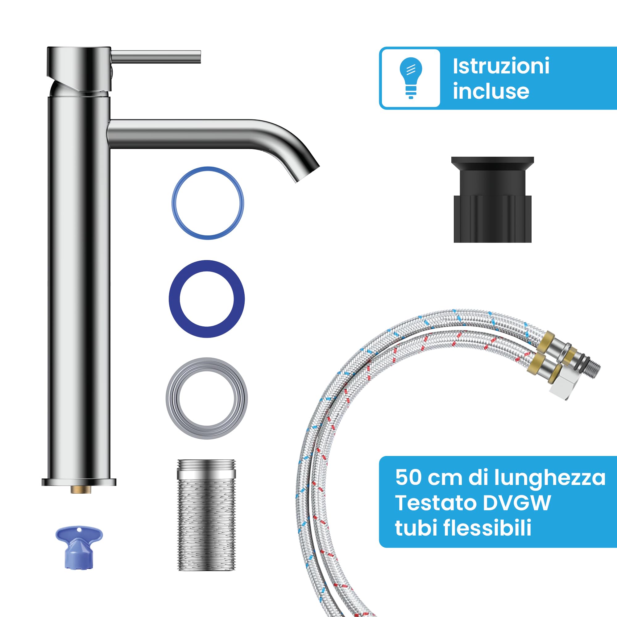 Bächlein - Miscelatore per bagno Susara alto con erogatore curvo, monocomando di design extra alto per lavabo da appoggio con cartuccia in ceramica duratura e set di montaggio, rubinetto per bagno