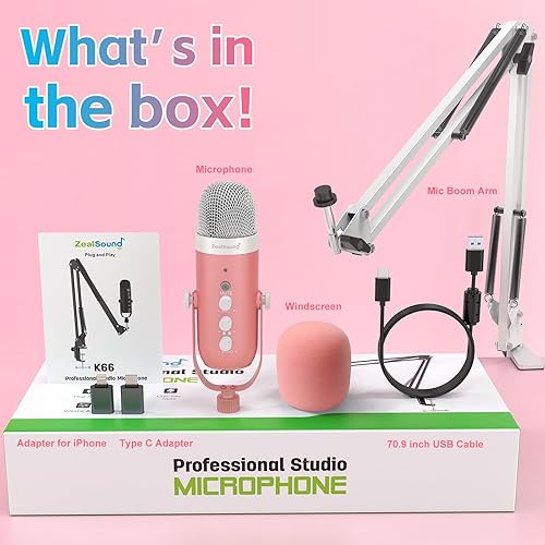 Miniatura 7 de ZealSound Kit de micrófono para juegos, micrófono USB de condensador de podcast con brazo de brazo, micrófono supercardioide con botón de silencio,