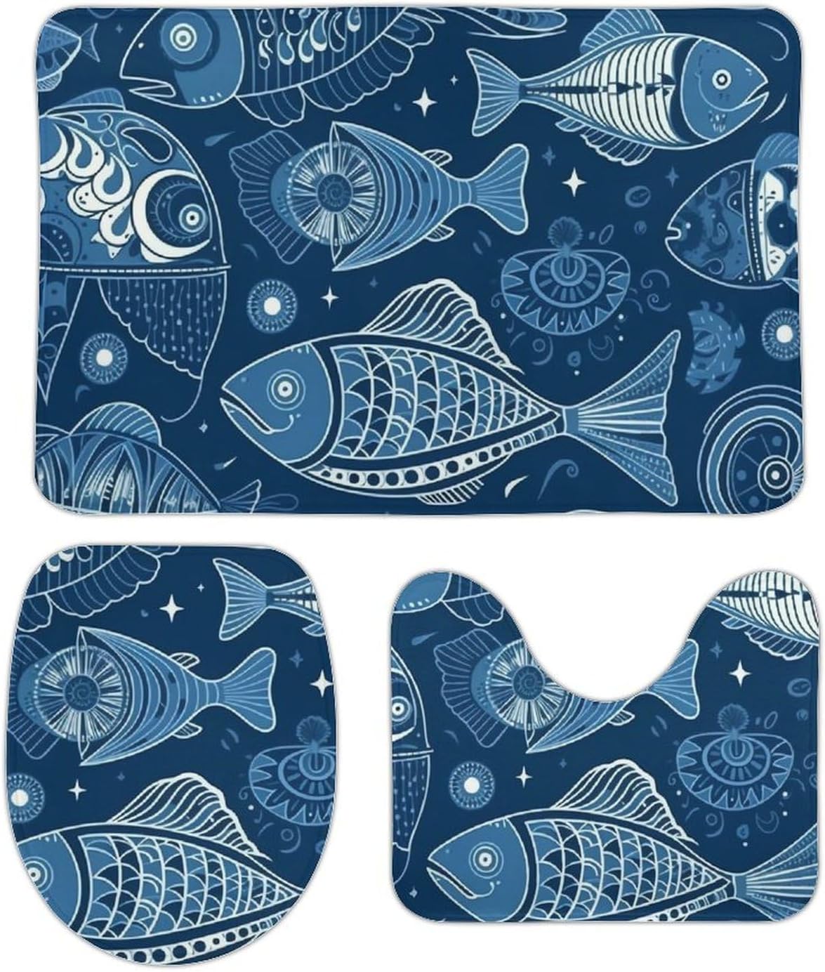 Anti-Skid Floor Mats 3 Piece Set,Fish and Shells Printed Coral Fleece Bathroom Mats U-Shaped Contour Mat Toilet Seat Cover for Bathroom, Tub, Shower, Kitchen 19.7"x31.5"
