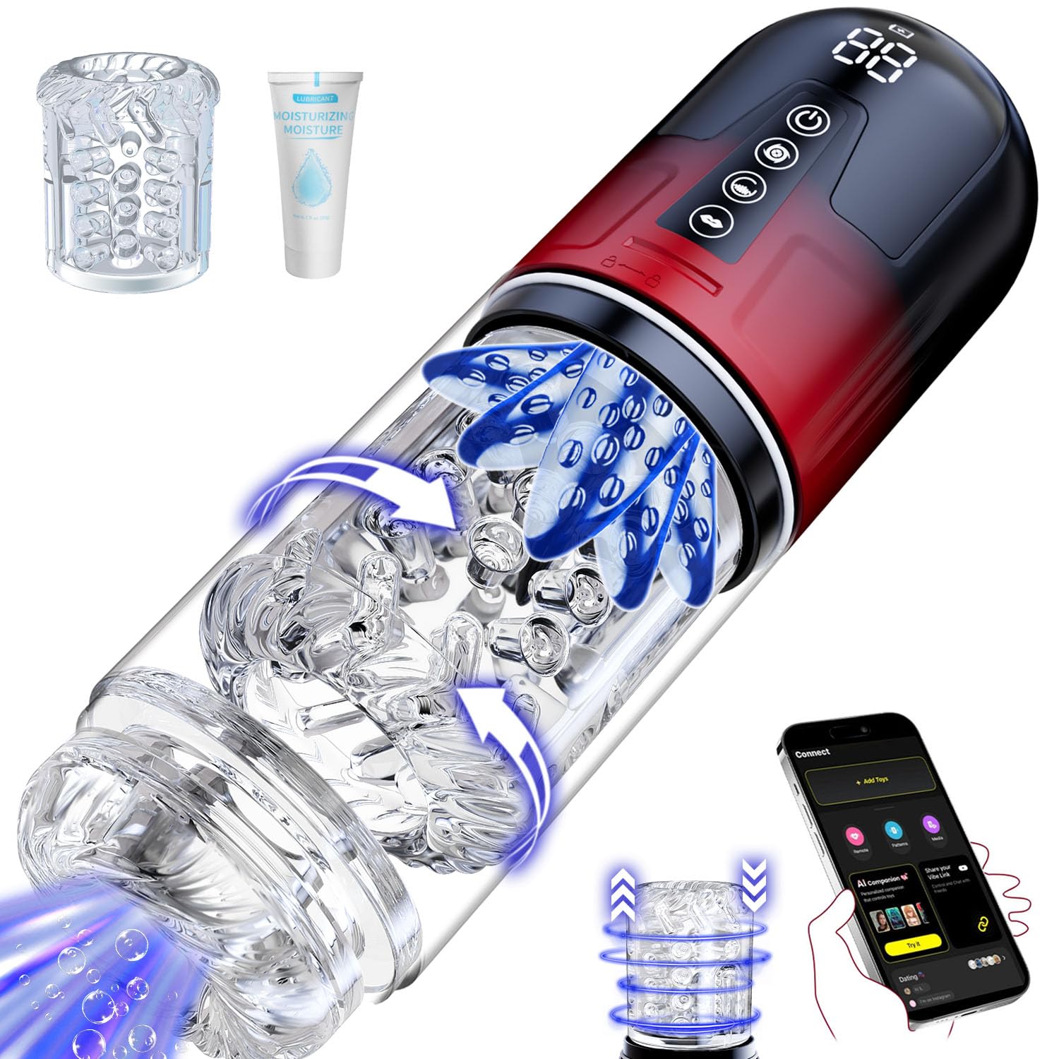 Masturbatore Uomo con Manicotto Extra, APP Sexytoysys Uomo con 9 Modalità Telescopica Rotazione Suzione Vibrazione, Pompa per Pene con Ingrandimento in 12 Secondi, Impermeabile per idromassaggio