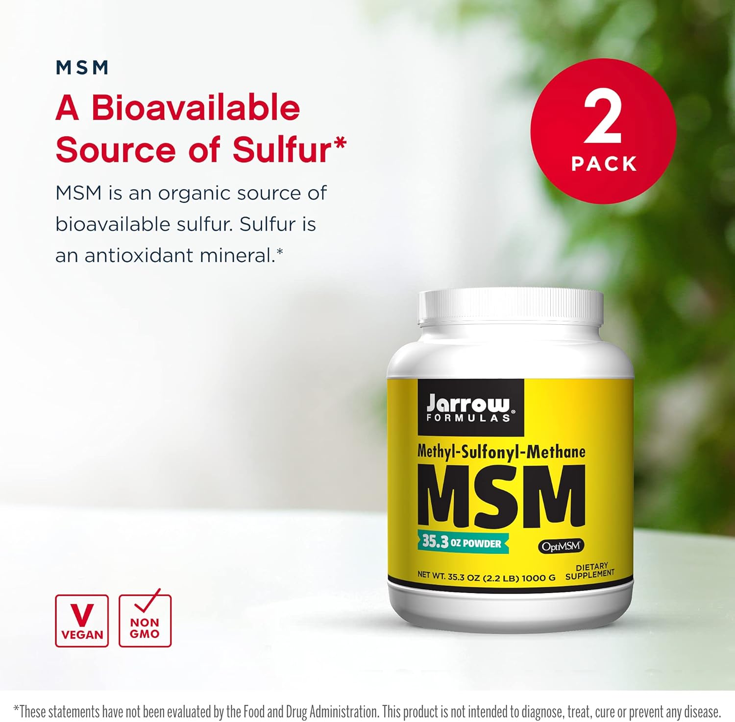 Jarrow Formulas MSM - 2.2 lbs Powder, Pack of 2 - Methylsulfonylmethane - Important Source of Organic Sulfur - Antioxidant, Supports Joints - Approx. 2000 Total Servings : Health & Household