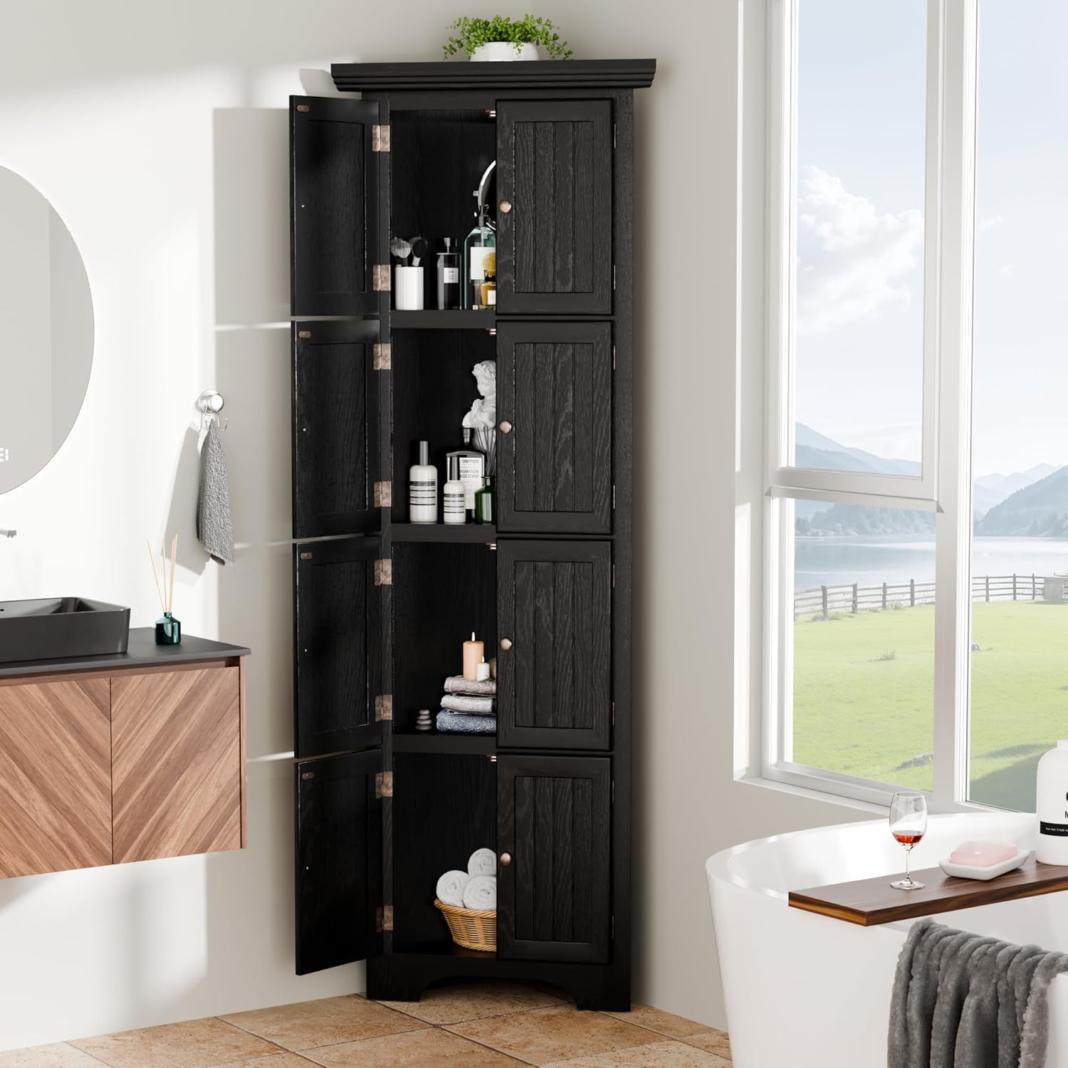 4 Tier Farmhouse Corner Storage Cabinet, 72" H Kitchen Pantry Cabinet with 8 Doors & 4 Shelves, Corner Storage Rack for Living Room, Kitchen, Office, Black